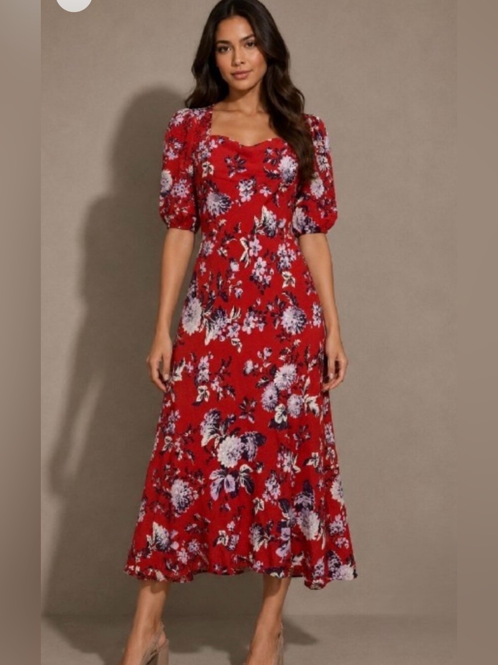 MAEVE Anthropologie Red Floral Puff-Sleeve Midi Dress